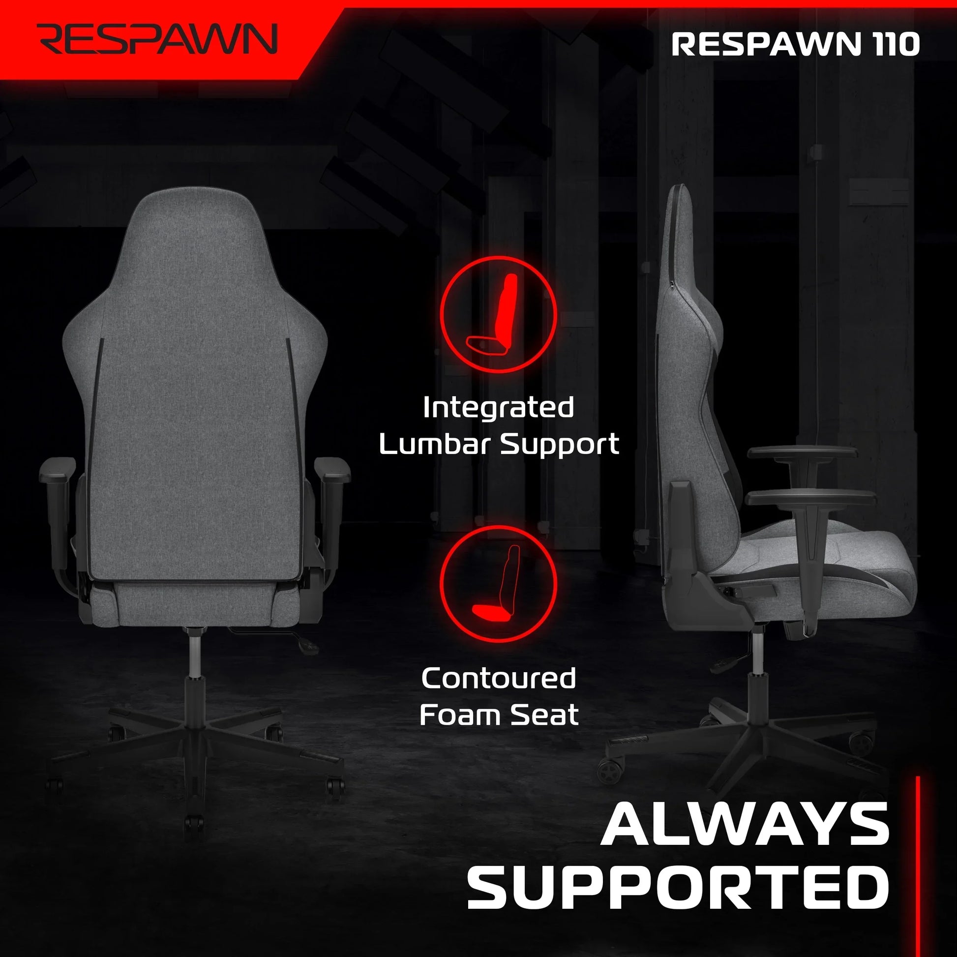 Grey Respawn 110 gaming chair with integrated lumbar support and contoured foam seat in dark setting
