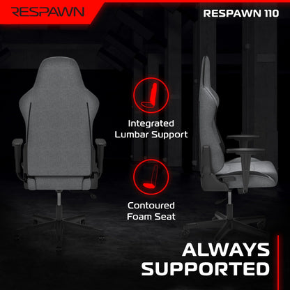 Grey Respawn 110 gaming chair with integrated lumbar support and contoured foam seat in dark setting