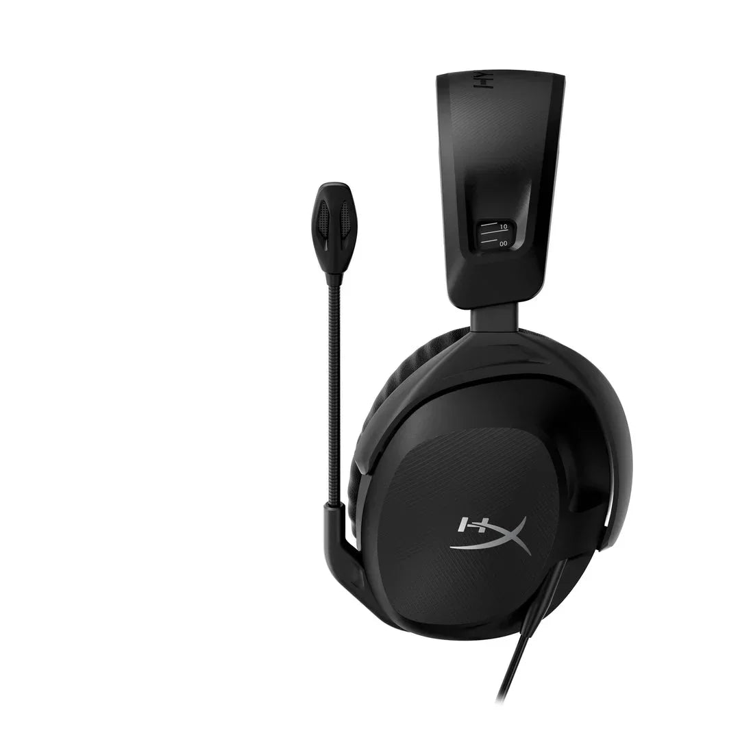 Black HyperX gaming headset with adjustable microphone and cushioned ear cups on white background