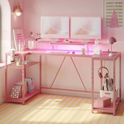 63" Gaming Desk with LED Lights, U-Shaped Computer Desk with Outlets & Monitor Stand, Home Office Desk with Storage Shelves in Pink