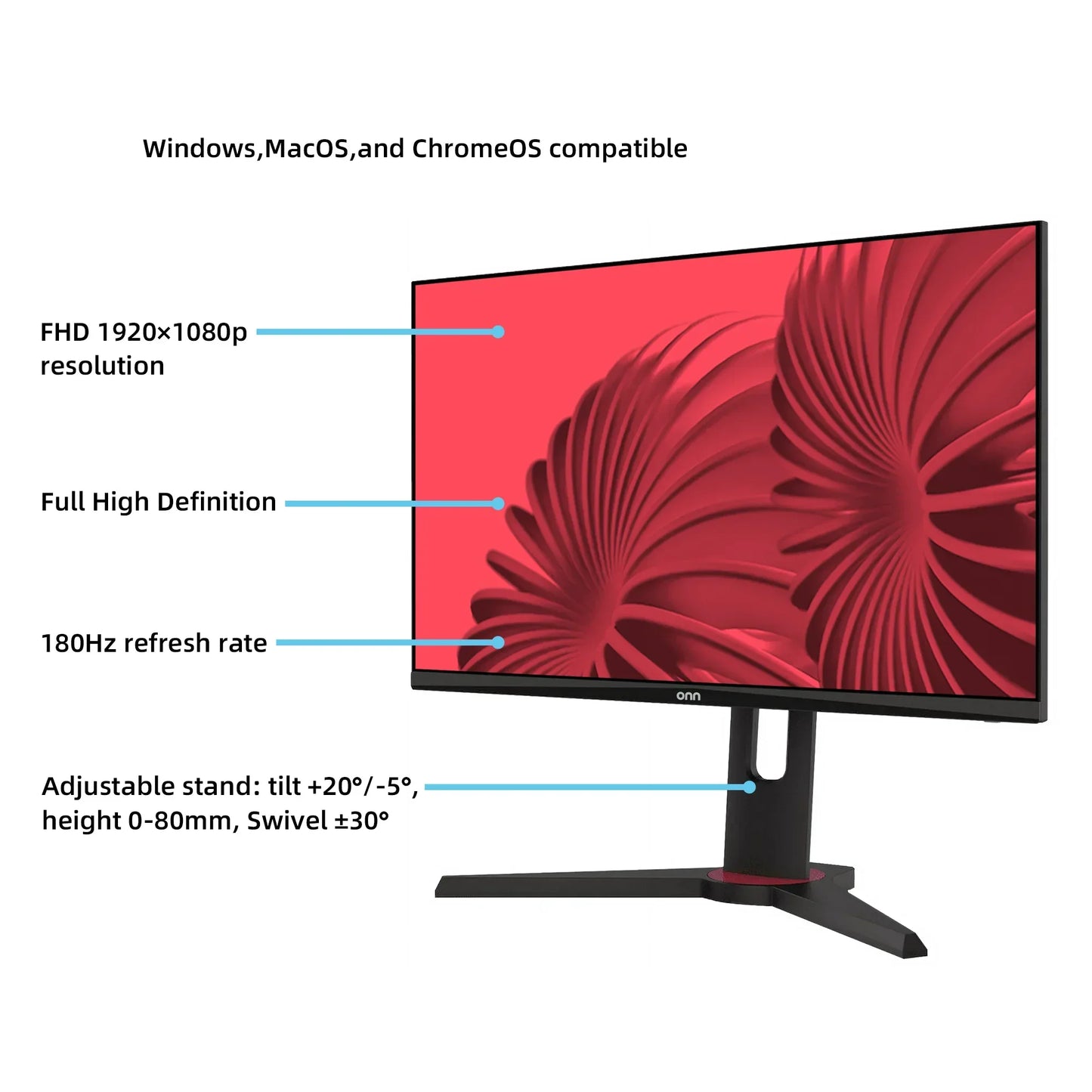 Onn gaming monitor with 1920x1080p FHD, 180Hz refresh rate, adjustable stand tilt, height, and swivel