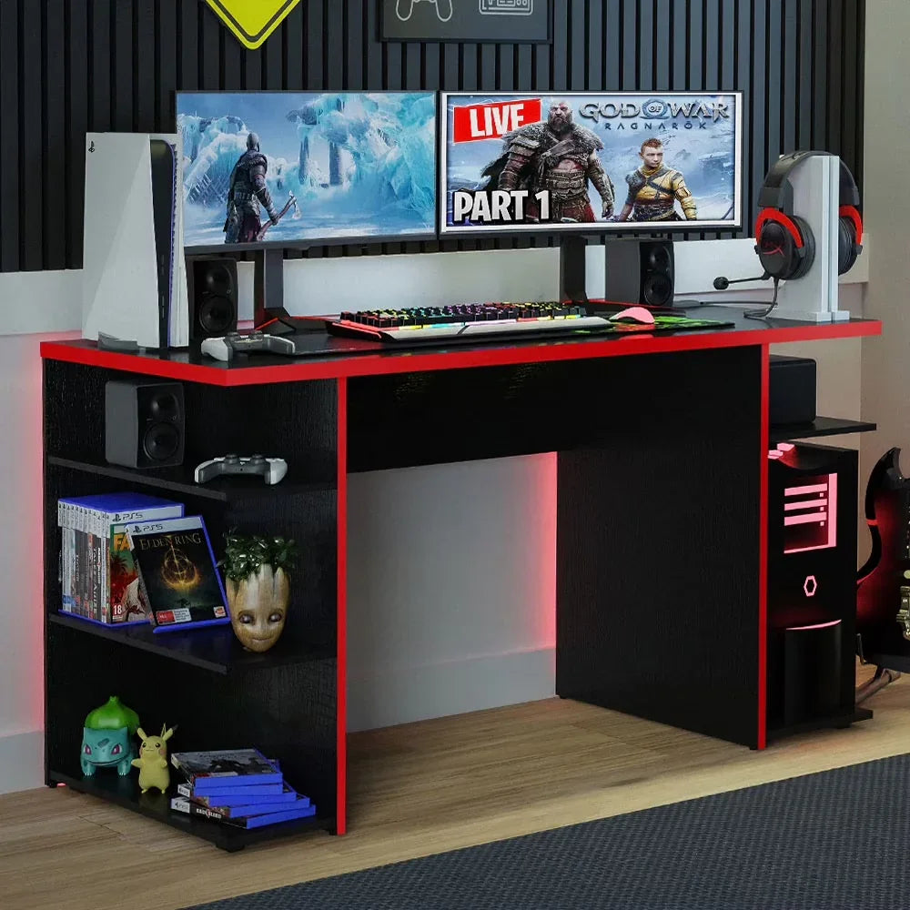 Large Modern Gaming Computer Desk 53 Inch with 5 Shelves Cable Management Student Study Wooden Table Home Office Gamer Desk for Kids and Adults - White