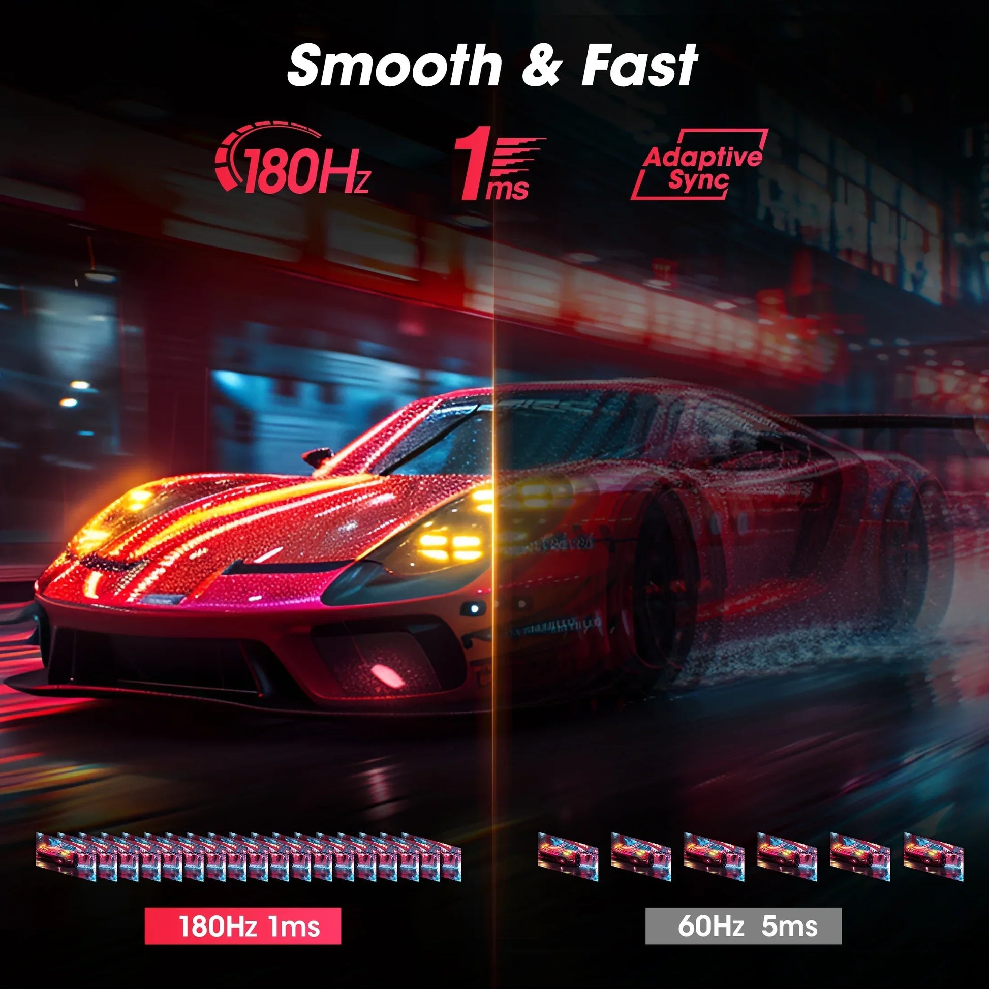 Red sports car racing at night showing smooth and fast motion with 180Hz 1ms display vs 60Hz 5ms
