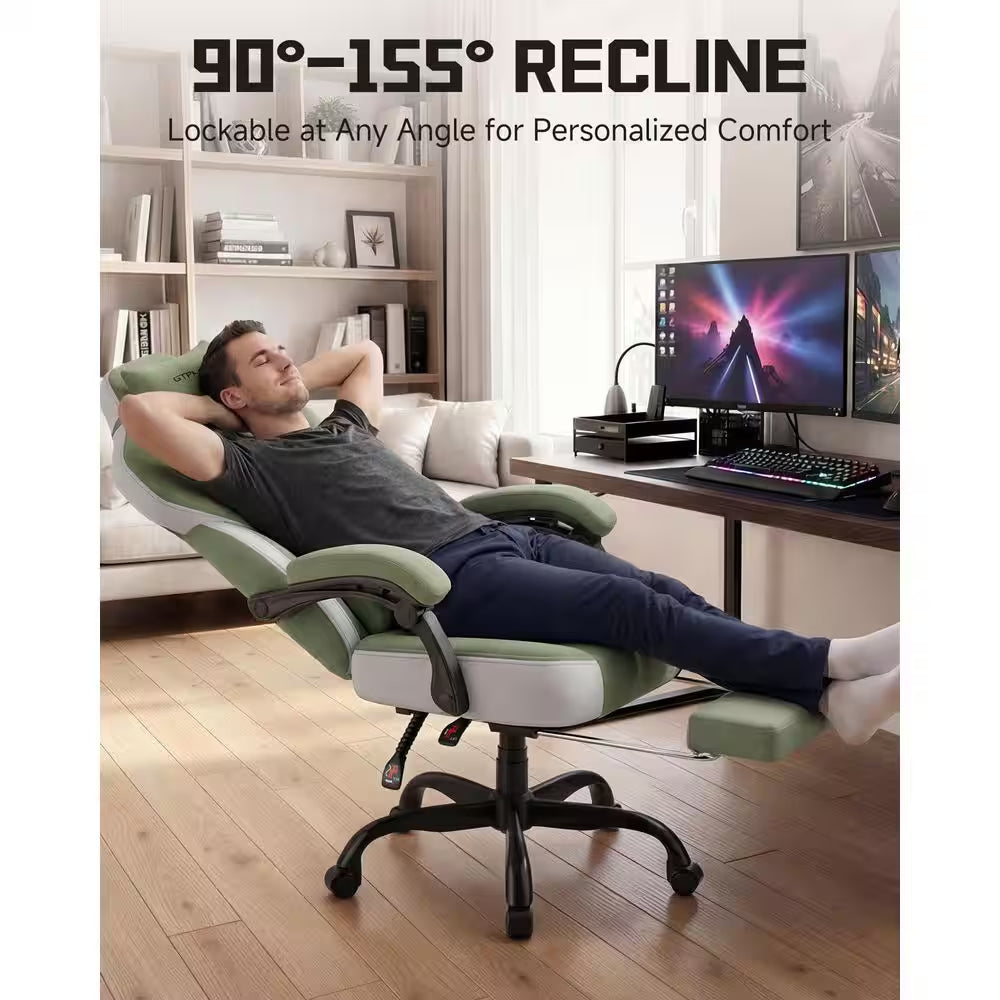 Green and white gaming chair with 90°-155° recline, adjustable footrest, and ergonomic design for comfort.