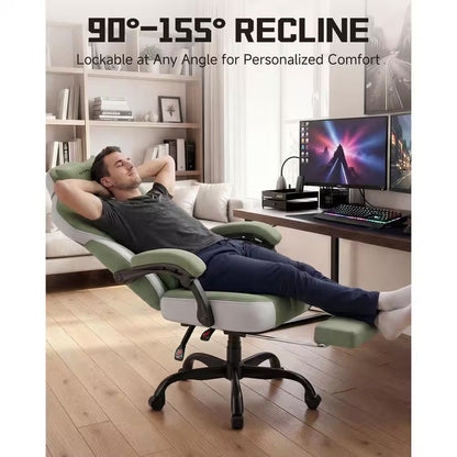 Green and white gaming chair with 90°-155° recline, adjustable footrest, and ergonomic design for comfort.