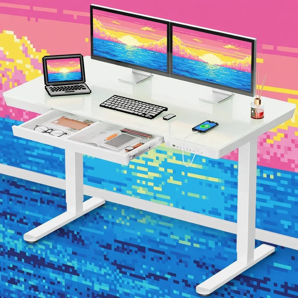 Modern white gaming desk with dual monitors, keyboard, laptop, and pixel art sunset background