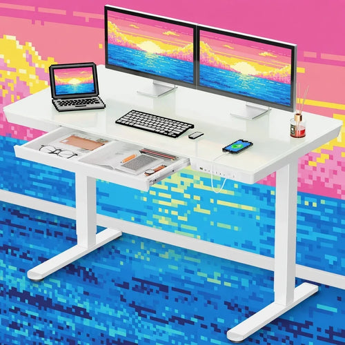 Modern white gaming desk with dual monitors, keyboard, laptop, and pixel art sunset background