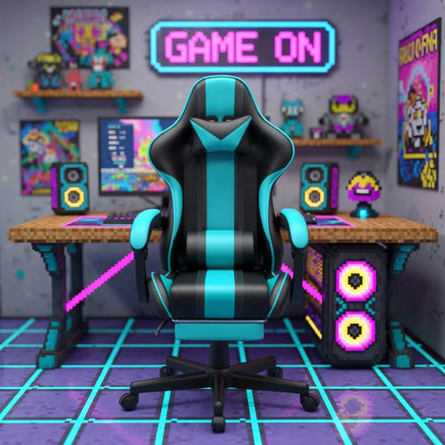 Black and teal gaming chair in a retro 8-bit themed gaming room with neon 'Game On' sign