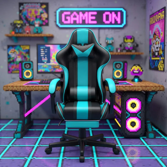 Black and teal gaming chair in a retro 8-bit themed gaming room with neon 'Game On' sign
