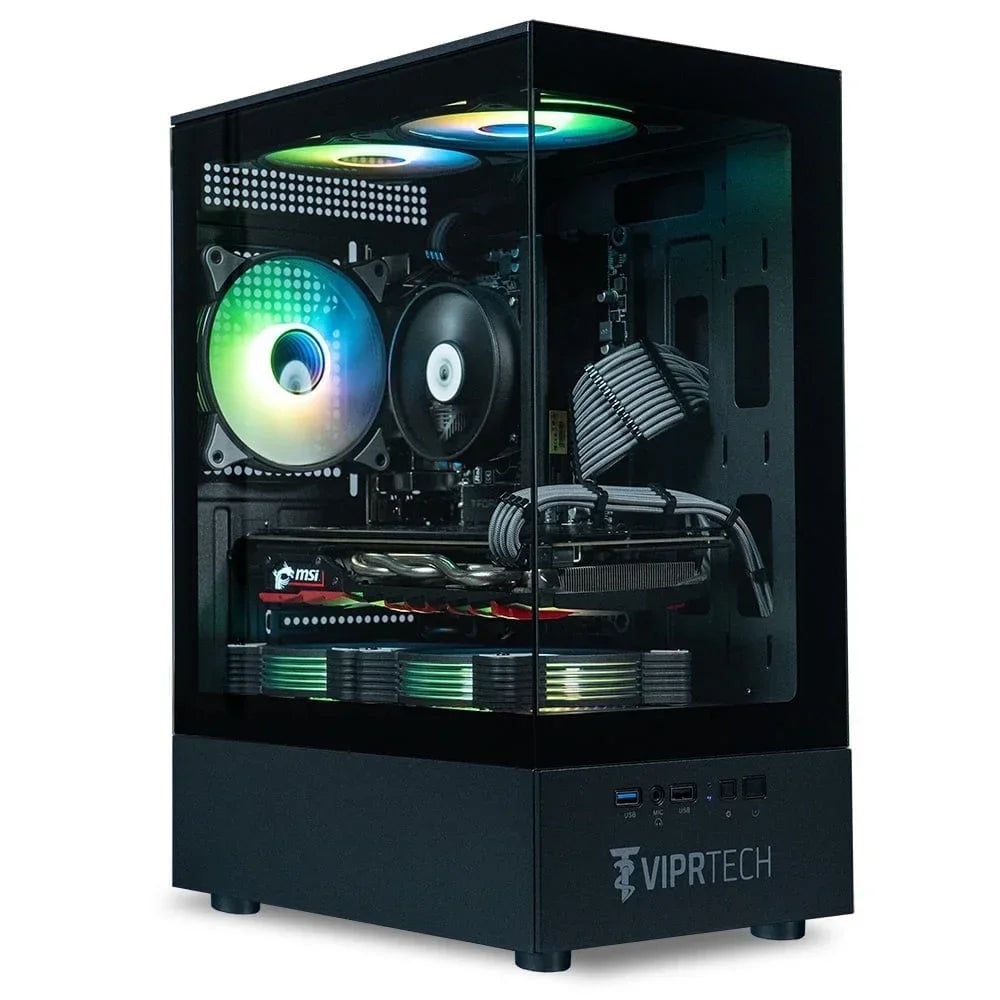 VIPRTECH gaming PC with RGB fans, MSI graphics card, and sleek black design in glass case