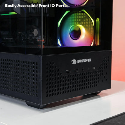 iBUYPOWER gaming PC with RGB fan and easily accessible front IO ports on black perforated case