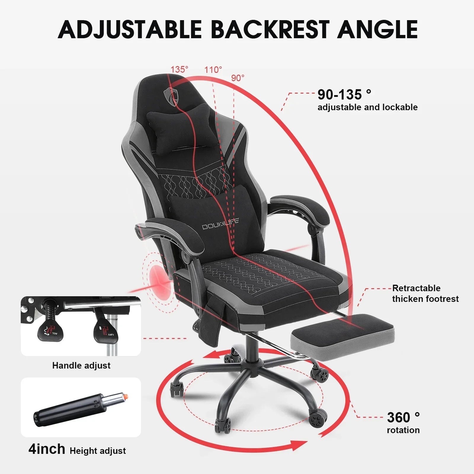Black and gray gaming chair with adjustable backrest 90-135°, retractable footrest, 360° swivel, and height control