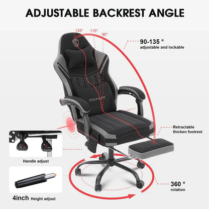 Black and gray gaming chair with adjustable backrest 90-135°, retractable footrest, 360° swivel, and height control