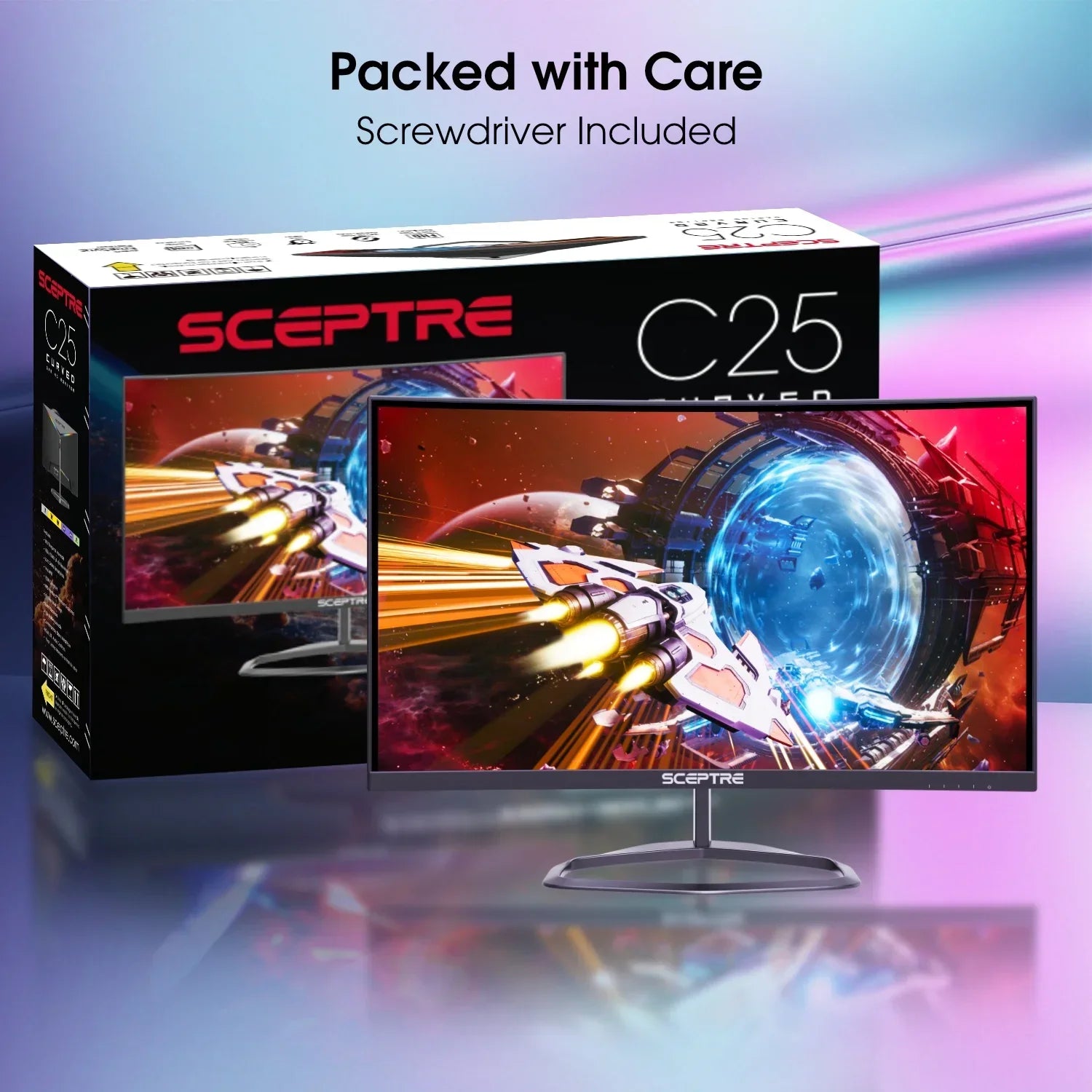 Sceptre C25 curved gaming monitor with space shooter game displayed, packaging box in background, screwdriver included