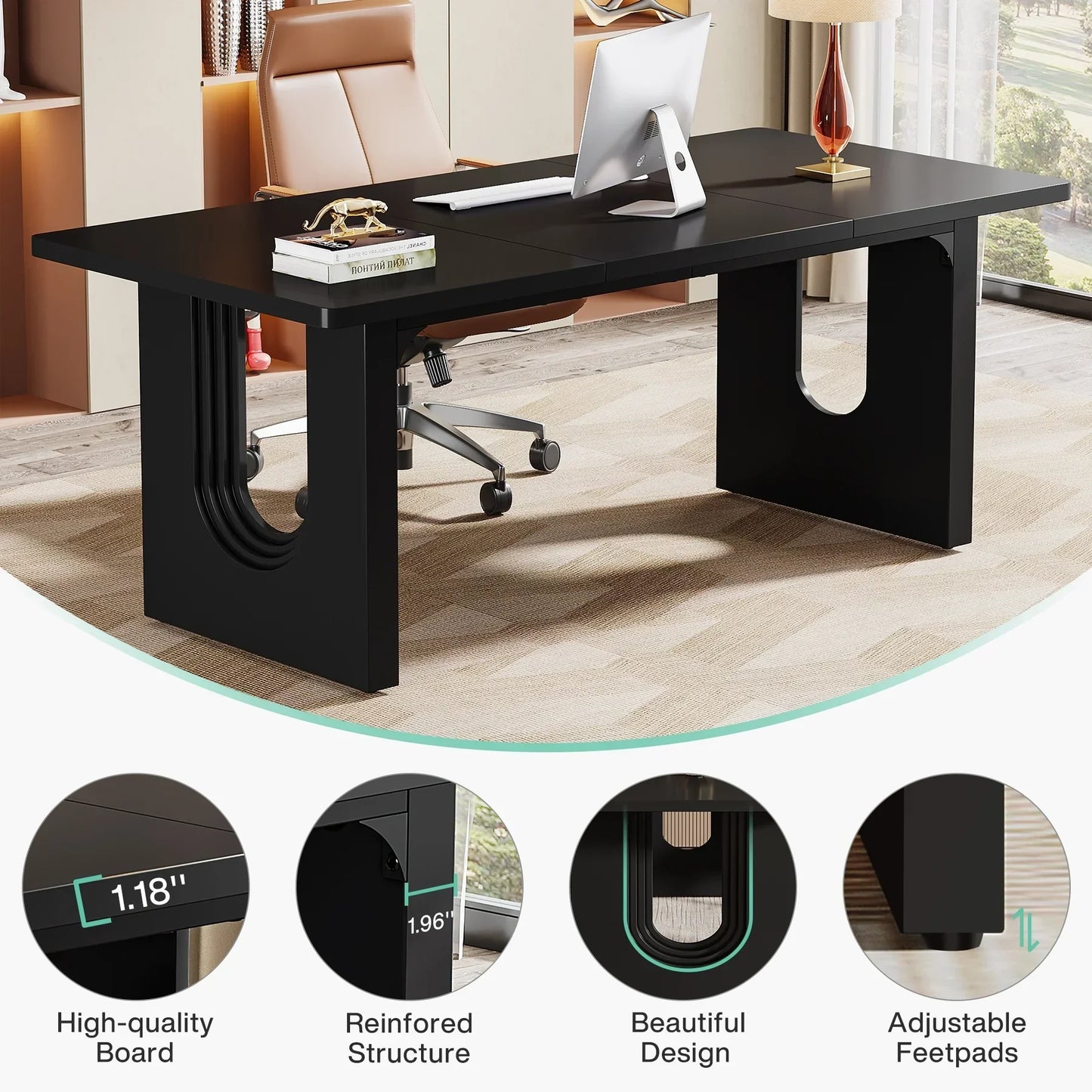 Modern Executive Desk, 70.9" Large Office Computer Desk, Conference Table Meeting Room Table, Simple Workstation Business Furniture for Home Office, Black