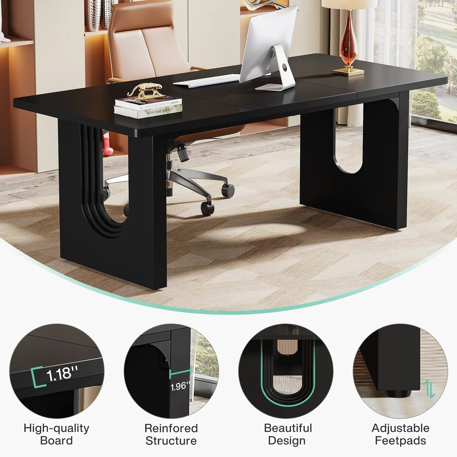 Modern Executive Desk, 70.9" Large Office Computer Desk, Conference Table Meeting Room Table, Simple Workstation Business Furniture for Home Office, Black