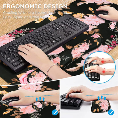 Ergonomic wrist rest with floral design on desk supporting hands using keyboard and mouse for pain relief
