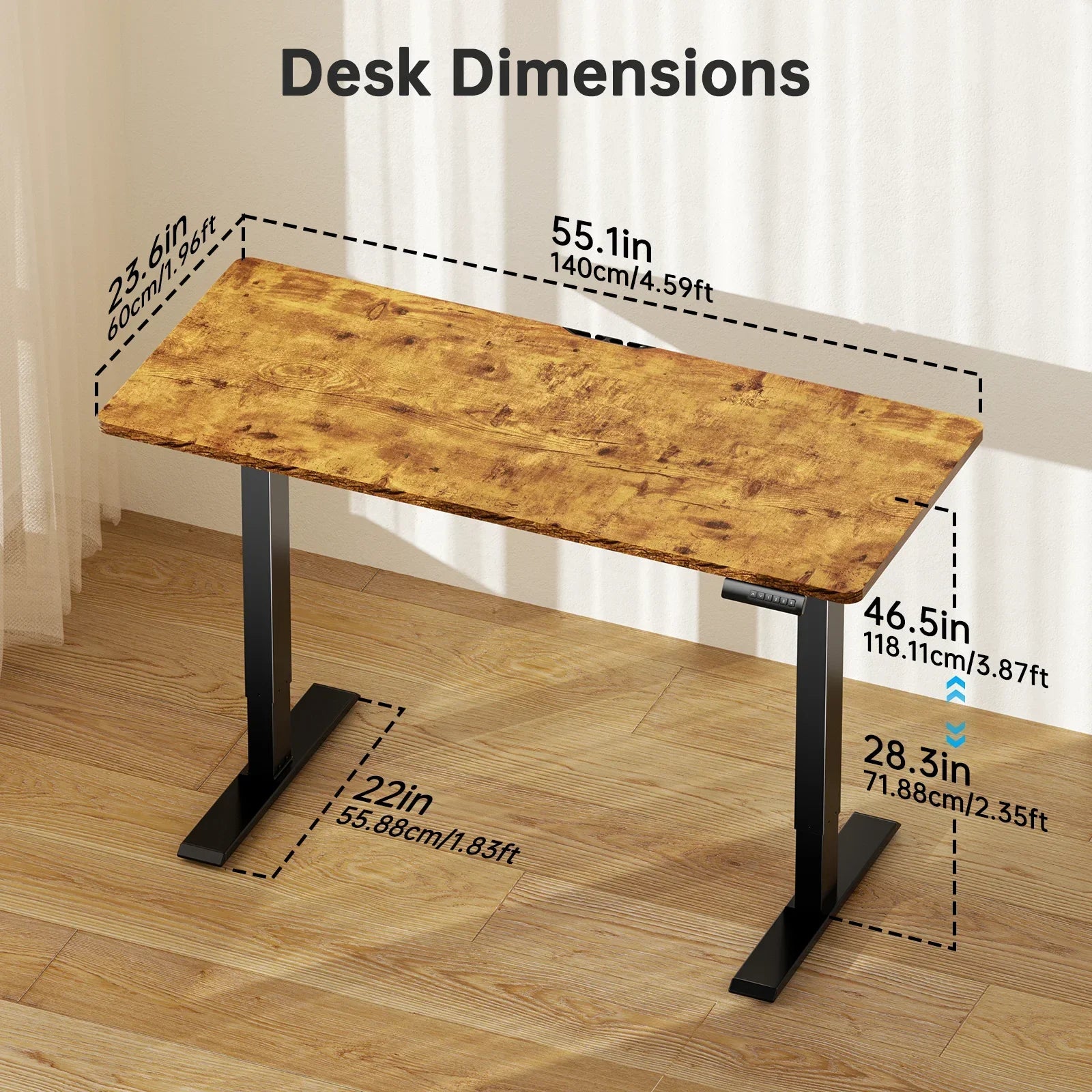 55" X 24" Electric Standing Desk, Adjustable Height Sit Stand up Desk with 4 Memory Pre-Set, Home Office Gaming Desk with Headphone Hook, Vintage Brown