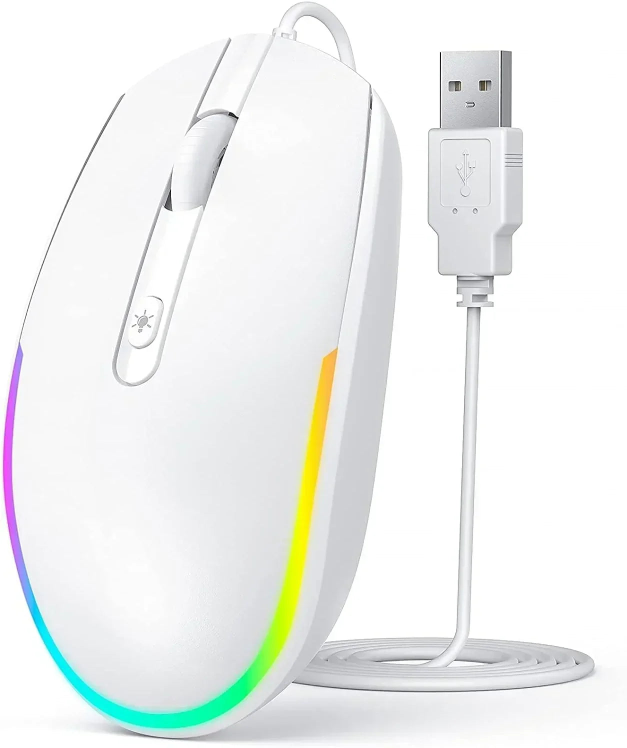White wired gaming mouse with RGB lighting and USB connector, ideal for PC setup