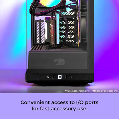Close-up of gaming PC case front panel showing headphone jack, USB ports, and RGB-lit fan with colorful background
