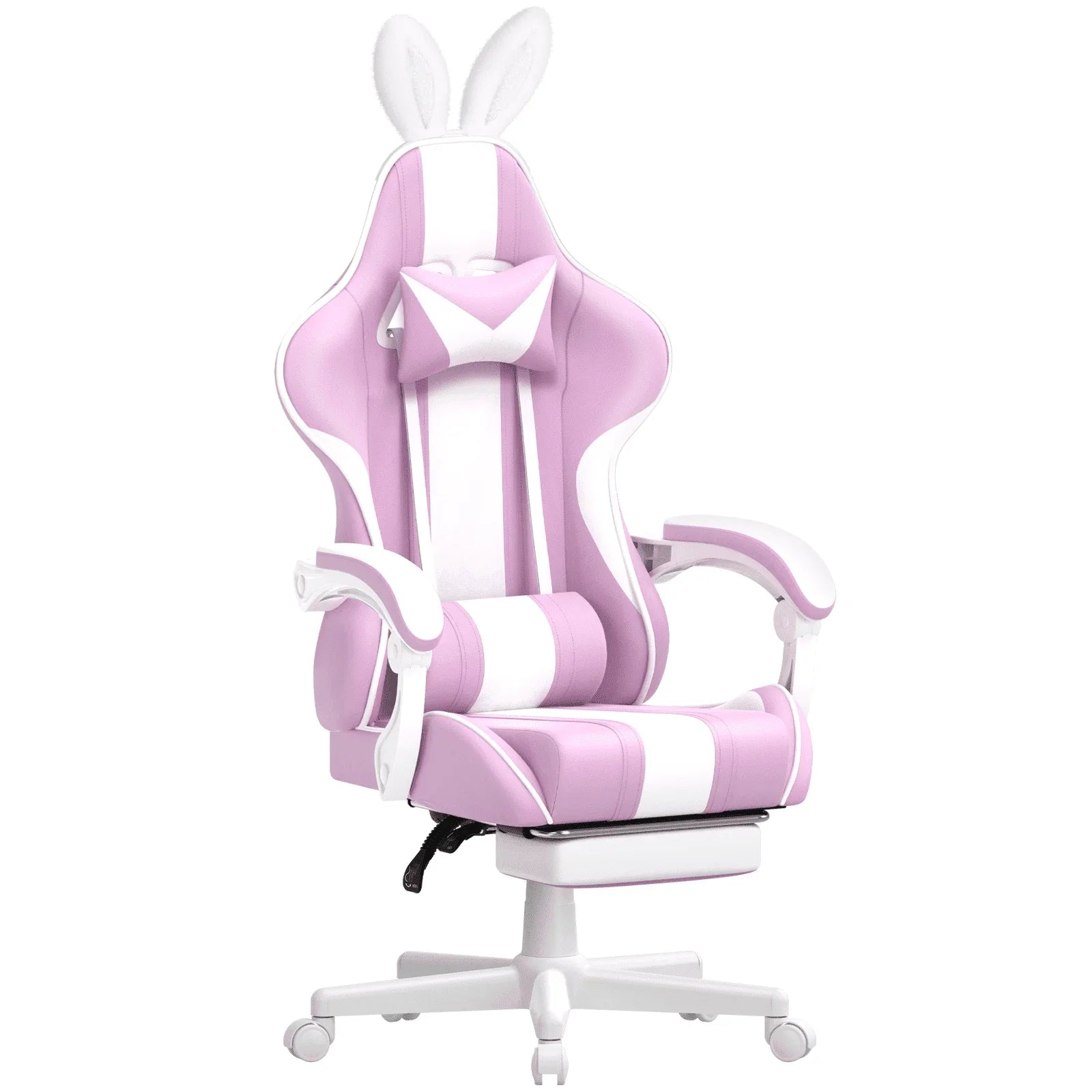 Pink and white gaming chair with bunny ear headrest, ergonomic design, and adjustable footrest
