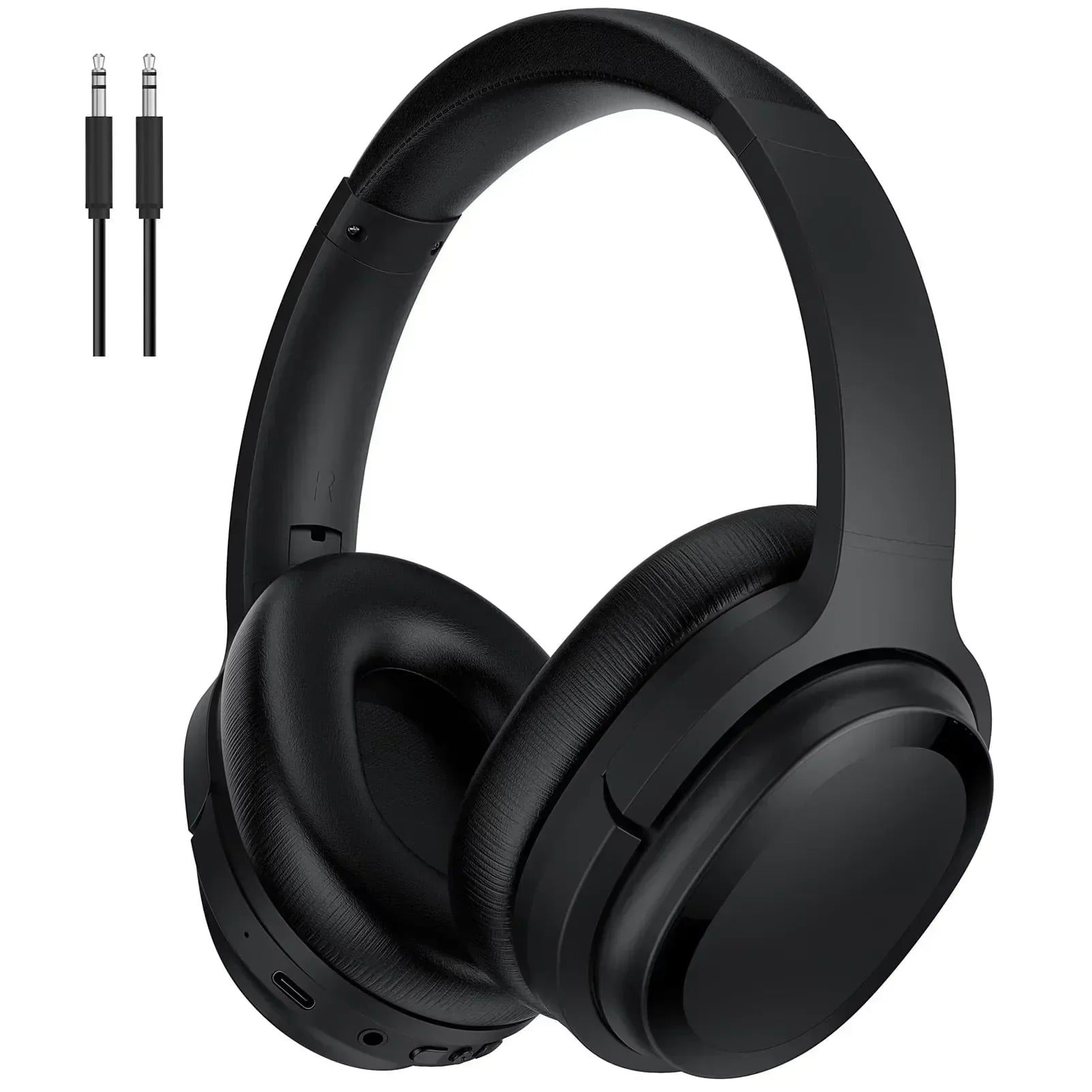 Black over-ear gaming headset with cushioned ear cups and detachable 3.5mm audio cable