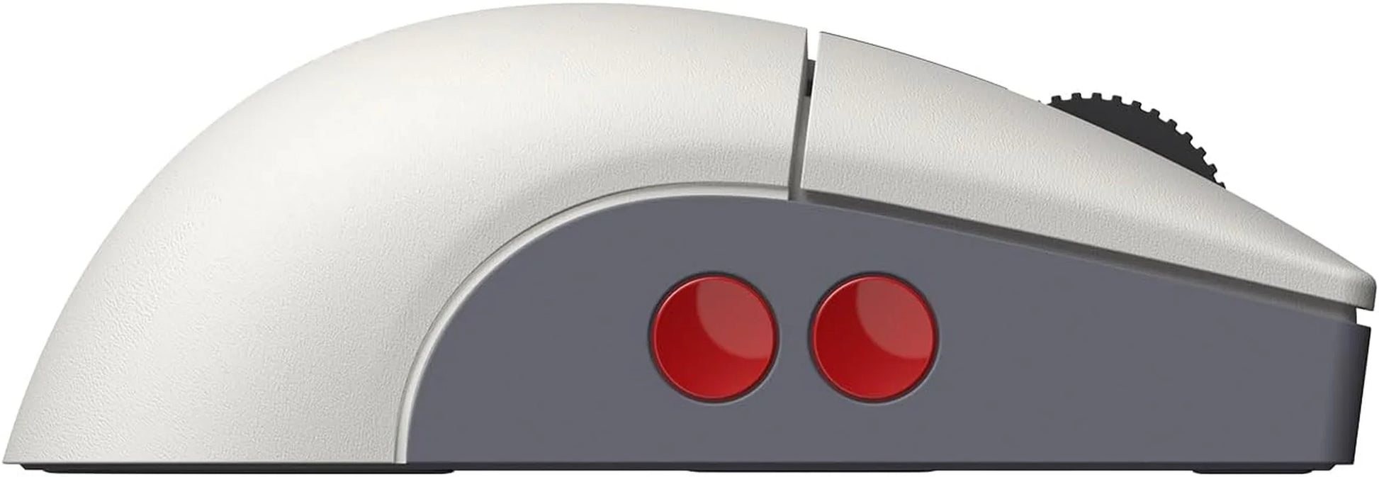 Retro gaming mouse with textured white finish, gray base, red side buttons, and scroll wheel