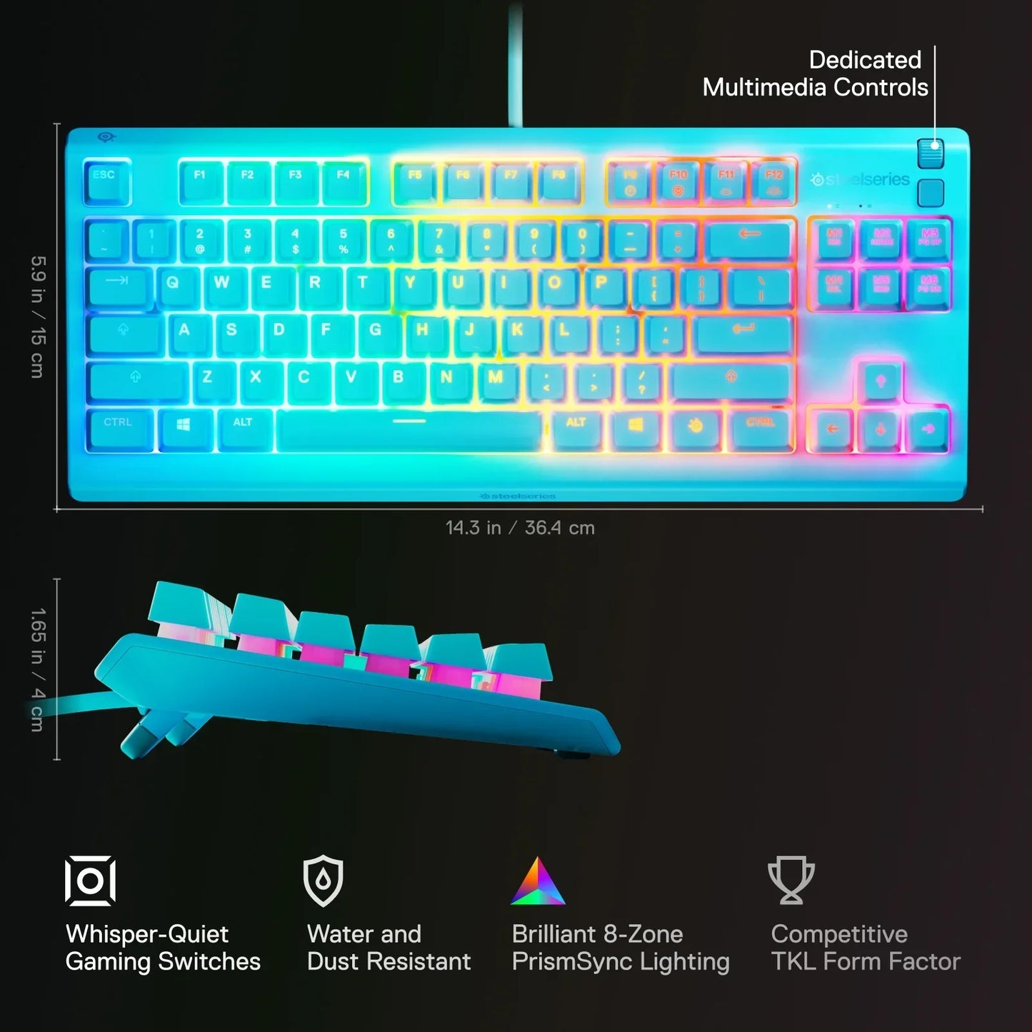 SteelSeries mechanical gaming keyboard with 8-zone PrismSync RGB lighting, dedicated multimedia controls, and compact TKL design
