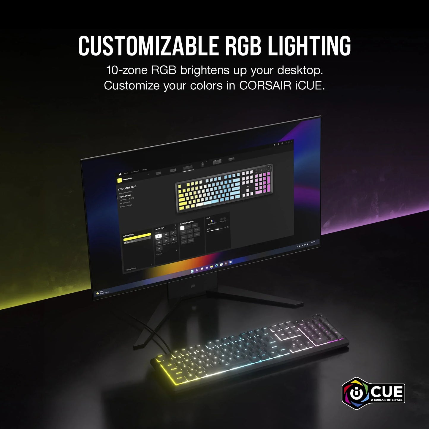 RGB gaming keyboard with customizable lighting and Corsair iCUE on a modern desktop setup