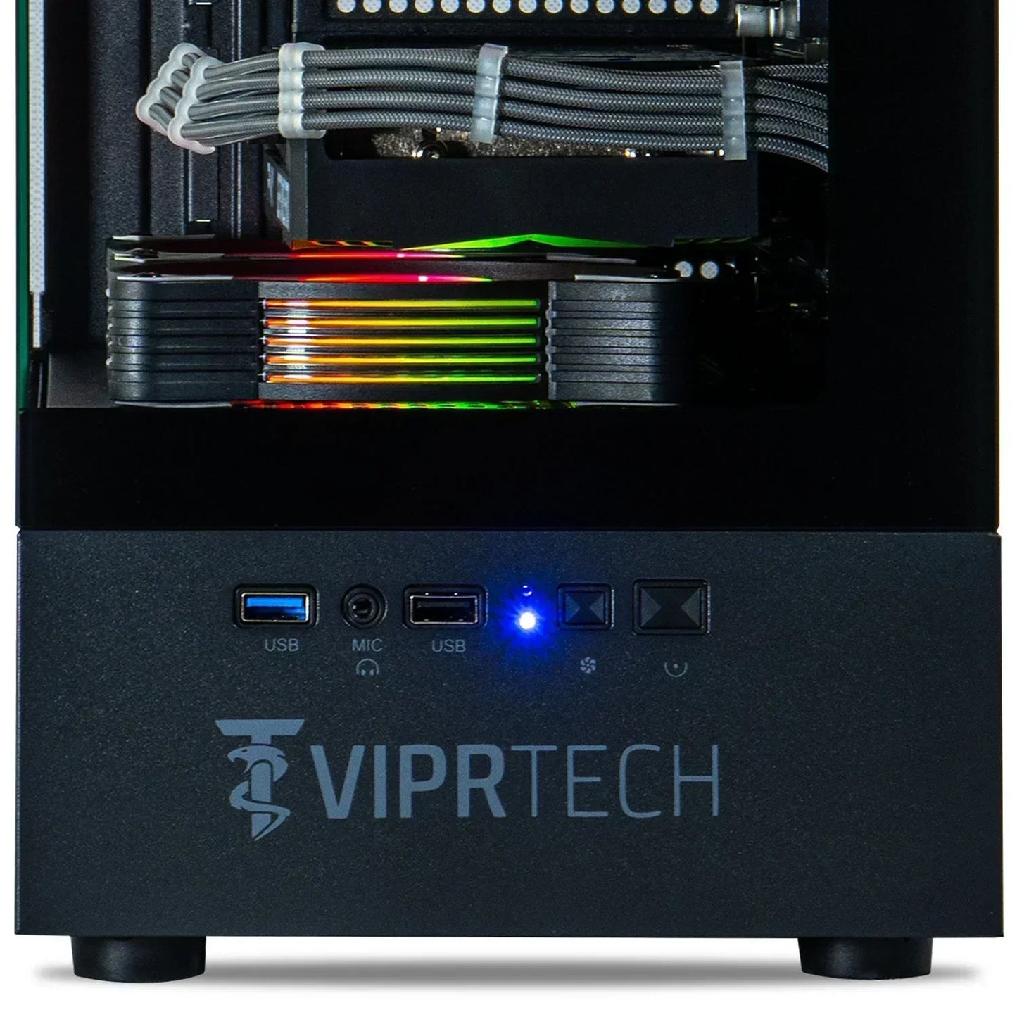 Gaming PC front panel with RGB lighting, USB ports, and VIPRTech logo visible