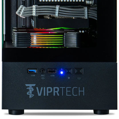Gaming PC front panel with RGB lighting, USB ports, and VIPRTech logo visible