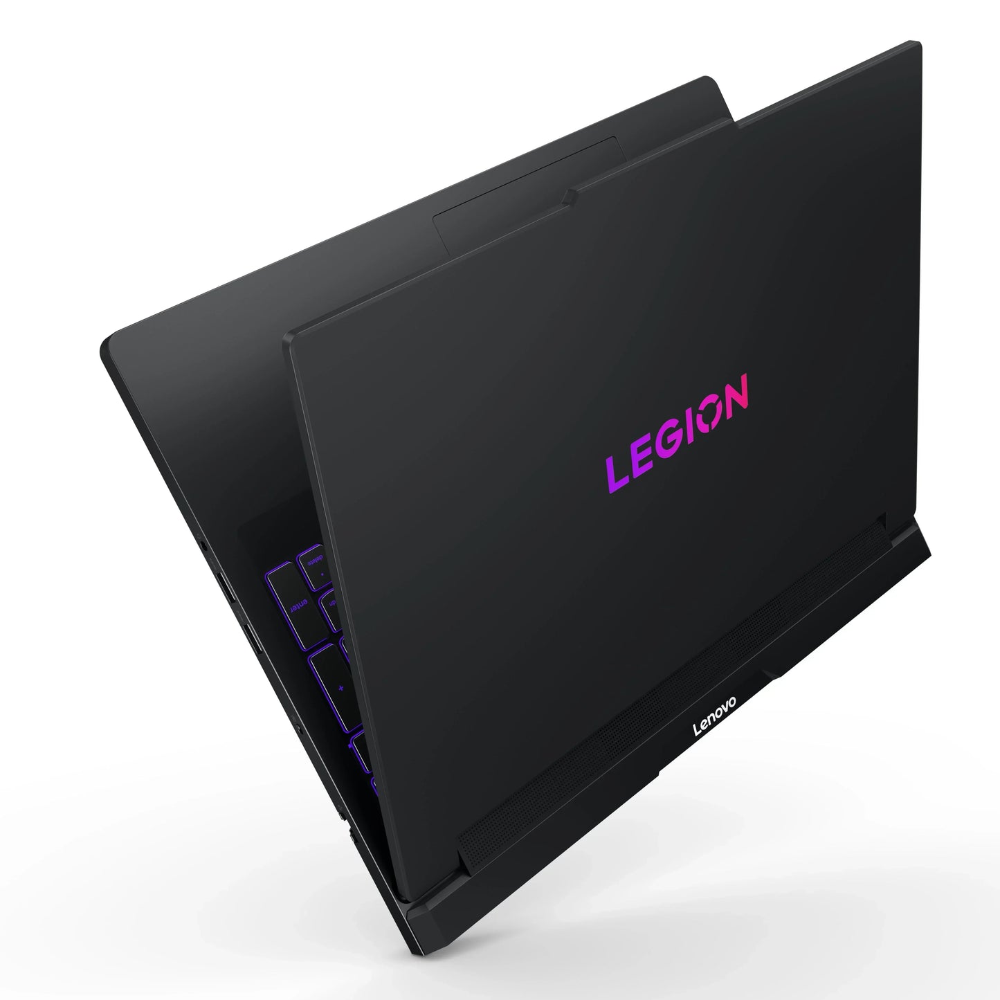 Black gaming laptop with RGB backlit keyboard and purple LEGION logo on lid