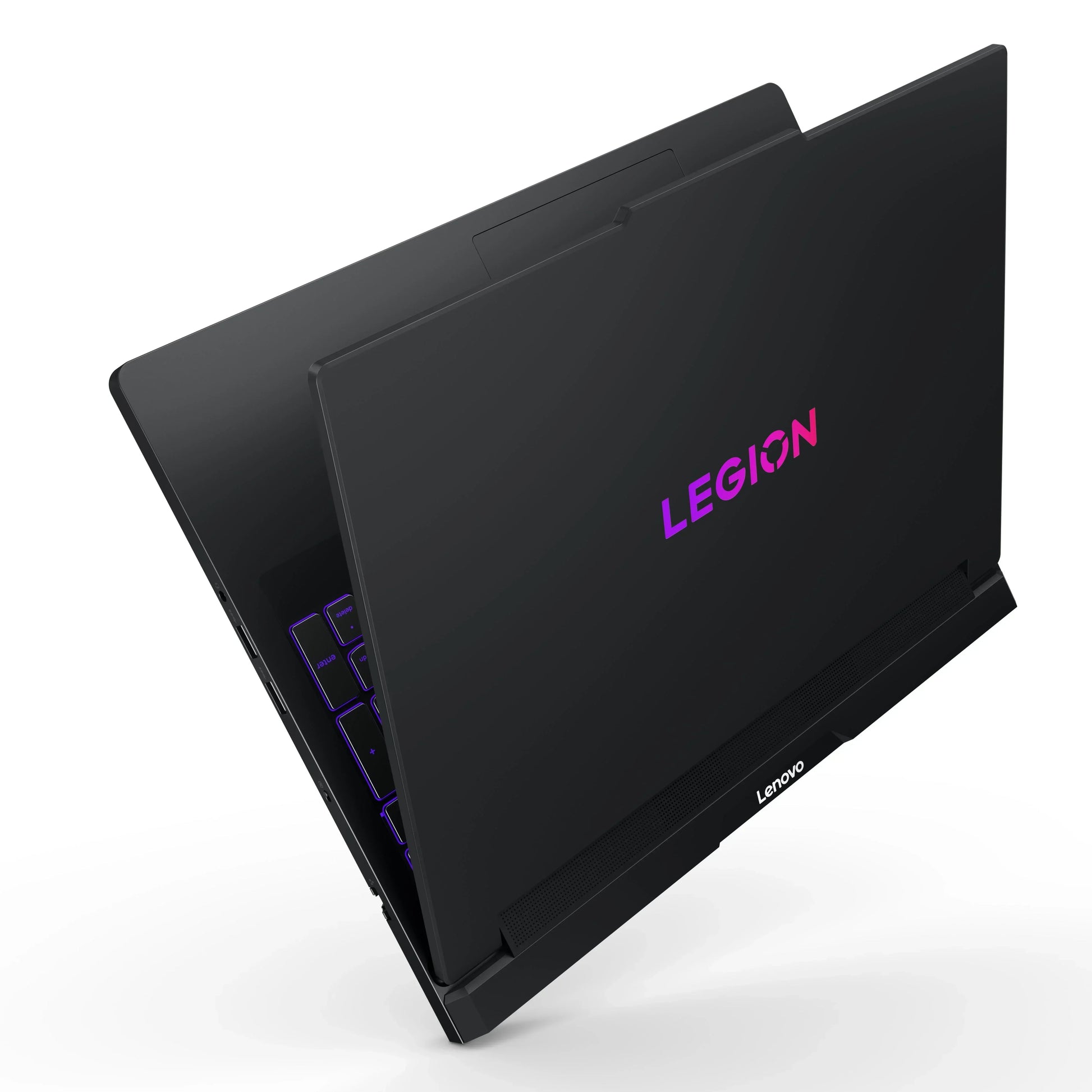 Black gaming laptop with RGB backlit keyboard and purple LEGION logo on lid