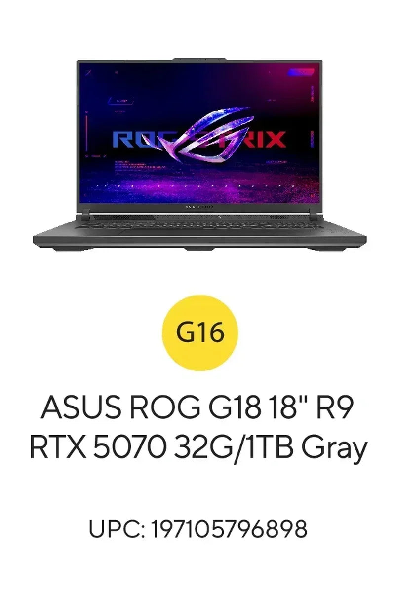 ASUS ROG G18 18-inch gaming laptop R9 RTX 5070 gray, 32GB RAM, 1TB storage, front view
