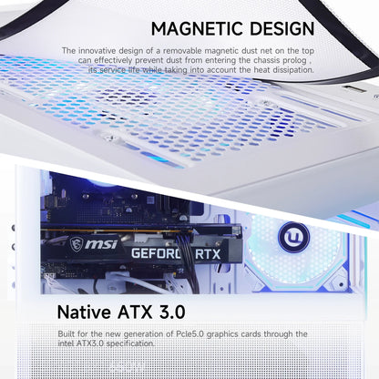 White PC case with removable magnetic dust net on top and MSI GeForce RTX graphics card inside