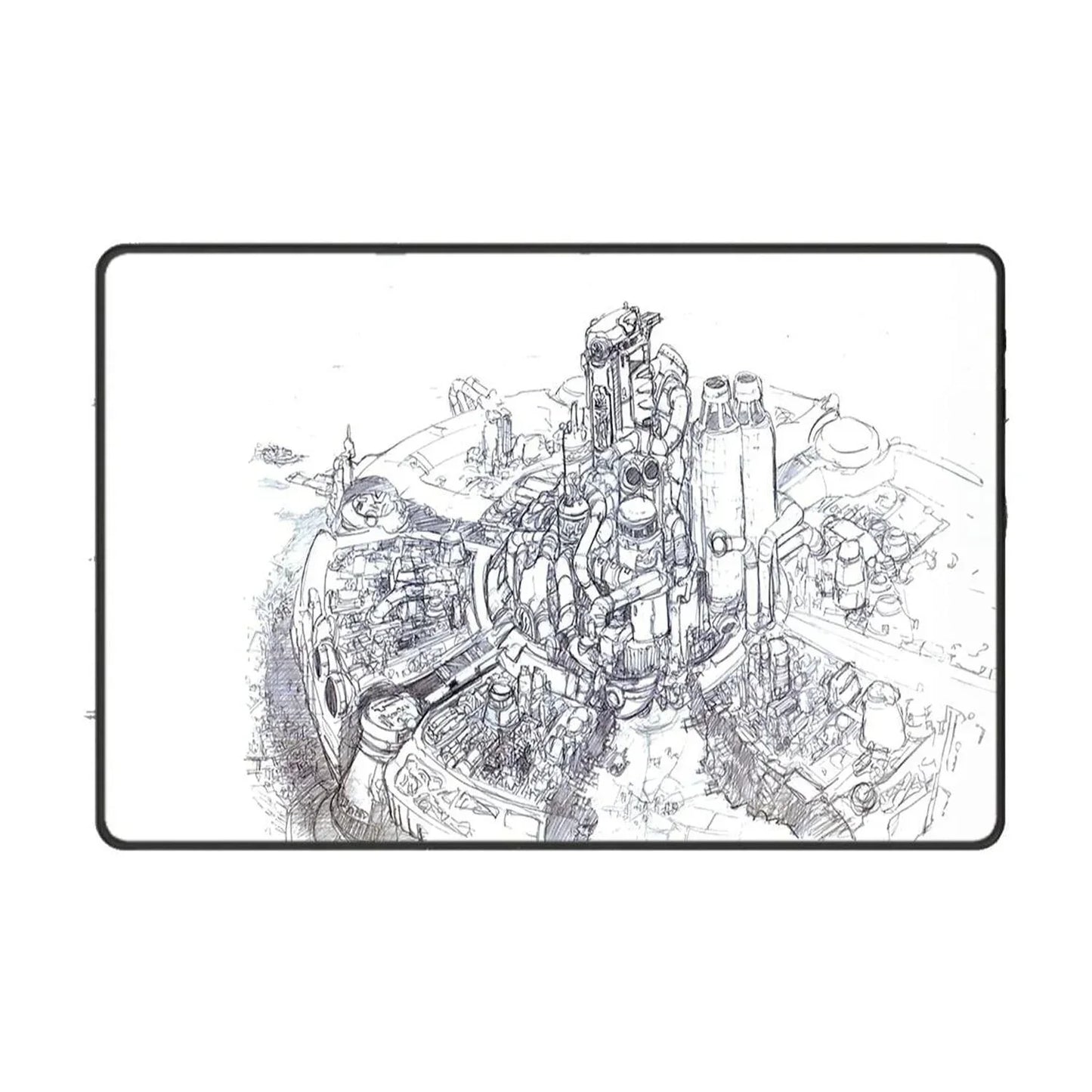Intricate black and white sketch of a complex industrial or futuristic cityscape on a white surface with black border