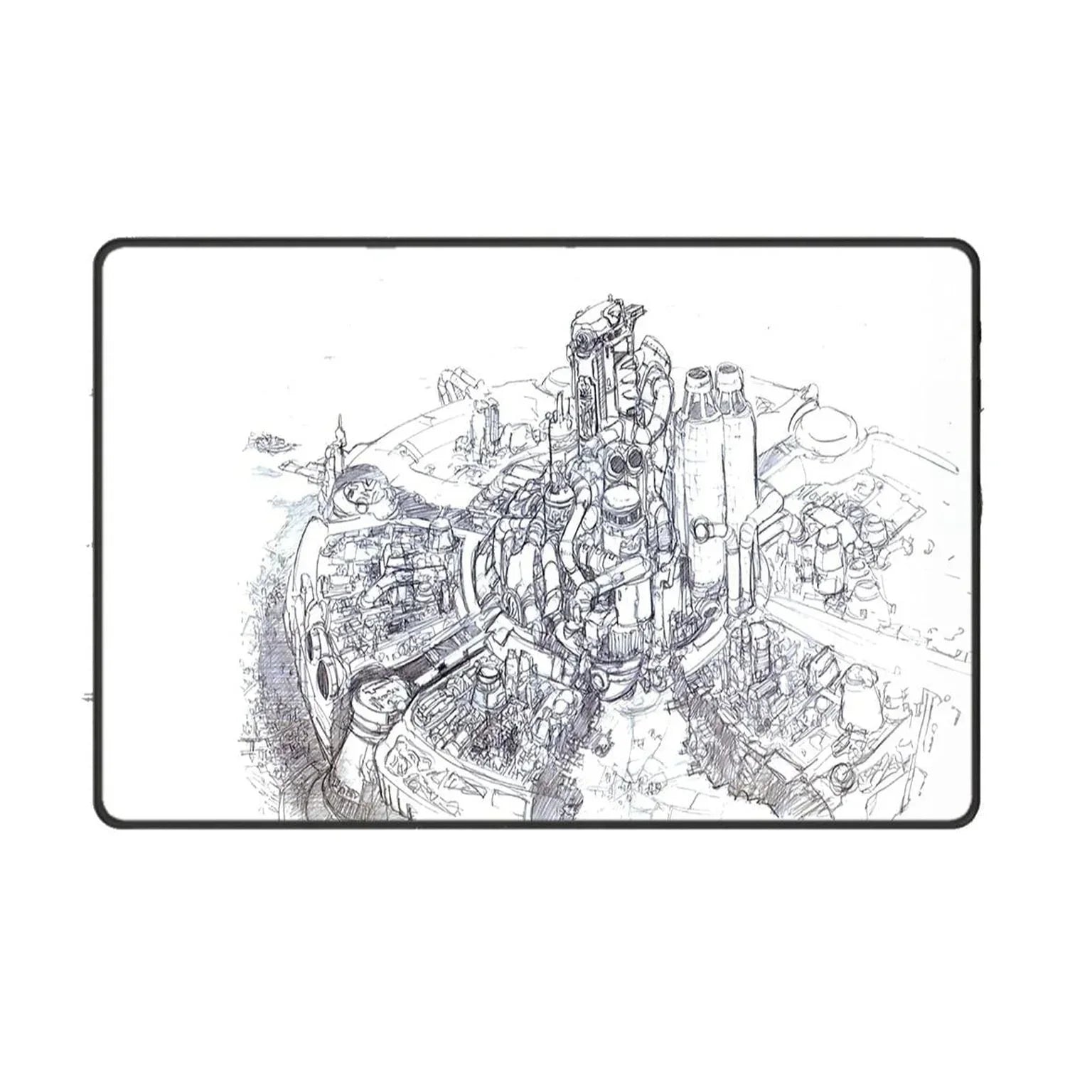 Intricate black and white sketch of a complex industrial or futuristic cityscape on a white surface with black border