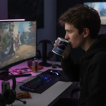 Young man drinking from Bytesful mug while gaming on desktop with RGB keyboard and fantasy game on screen
