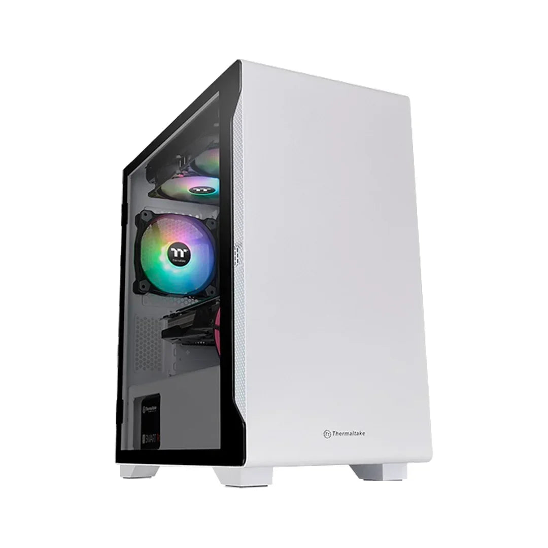 White Thermaltake PC tower with glass side panel and RGB cooling fans inside