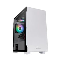 White Thermaltake PC tower with glass side panel and RGB cooling fans inside