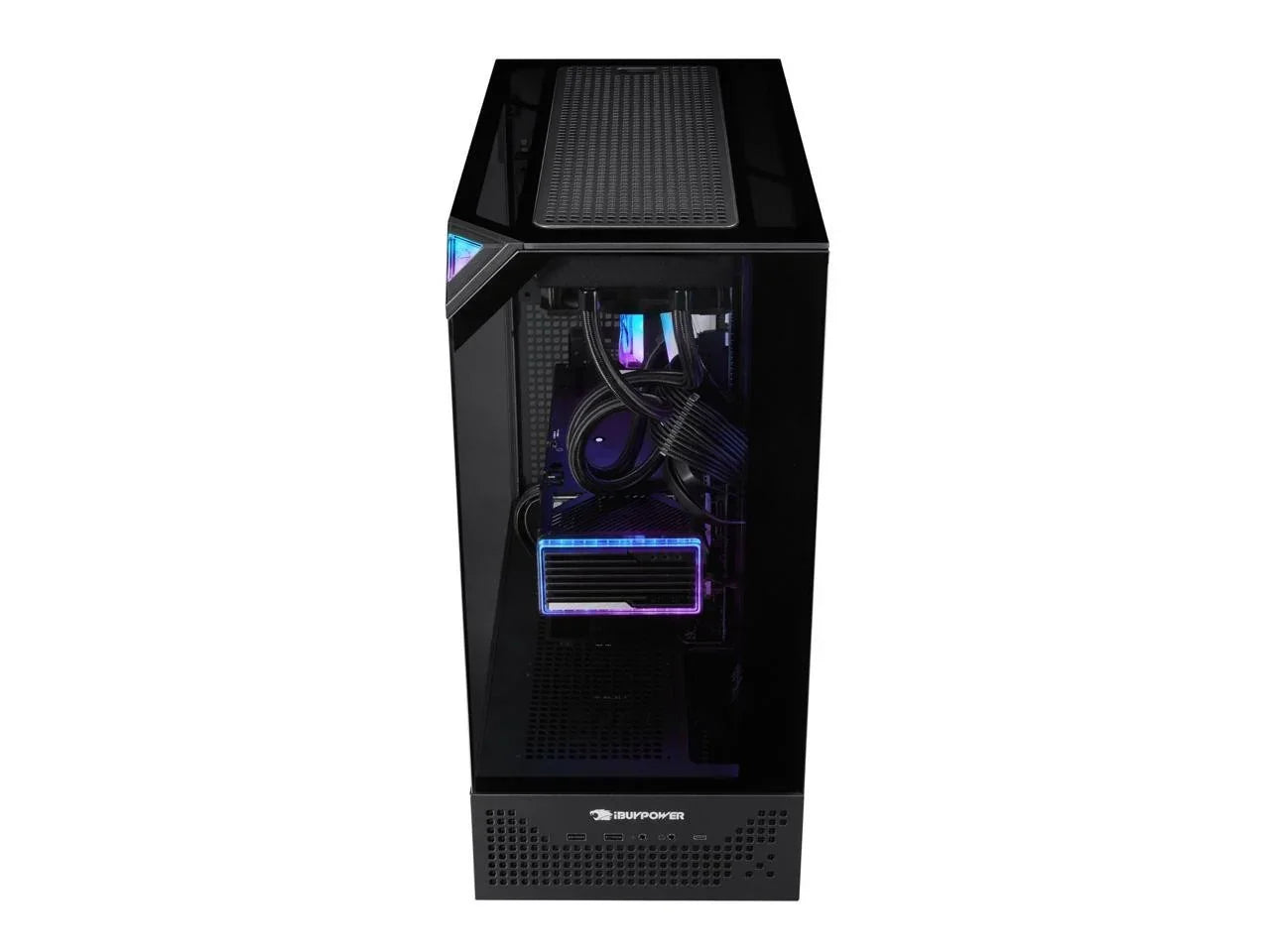 iBUYPOWER gaming PC tower with tempered glass side panel and RGB lighting inside