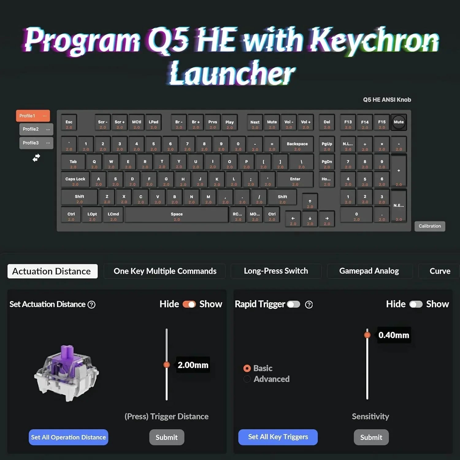 Keychron Q5 HE keyboard programming interface with RGB customization, gaming gear settings, Byte Style branding.