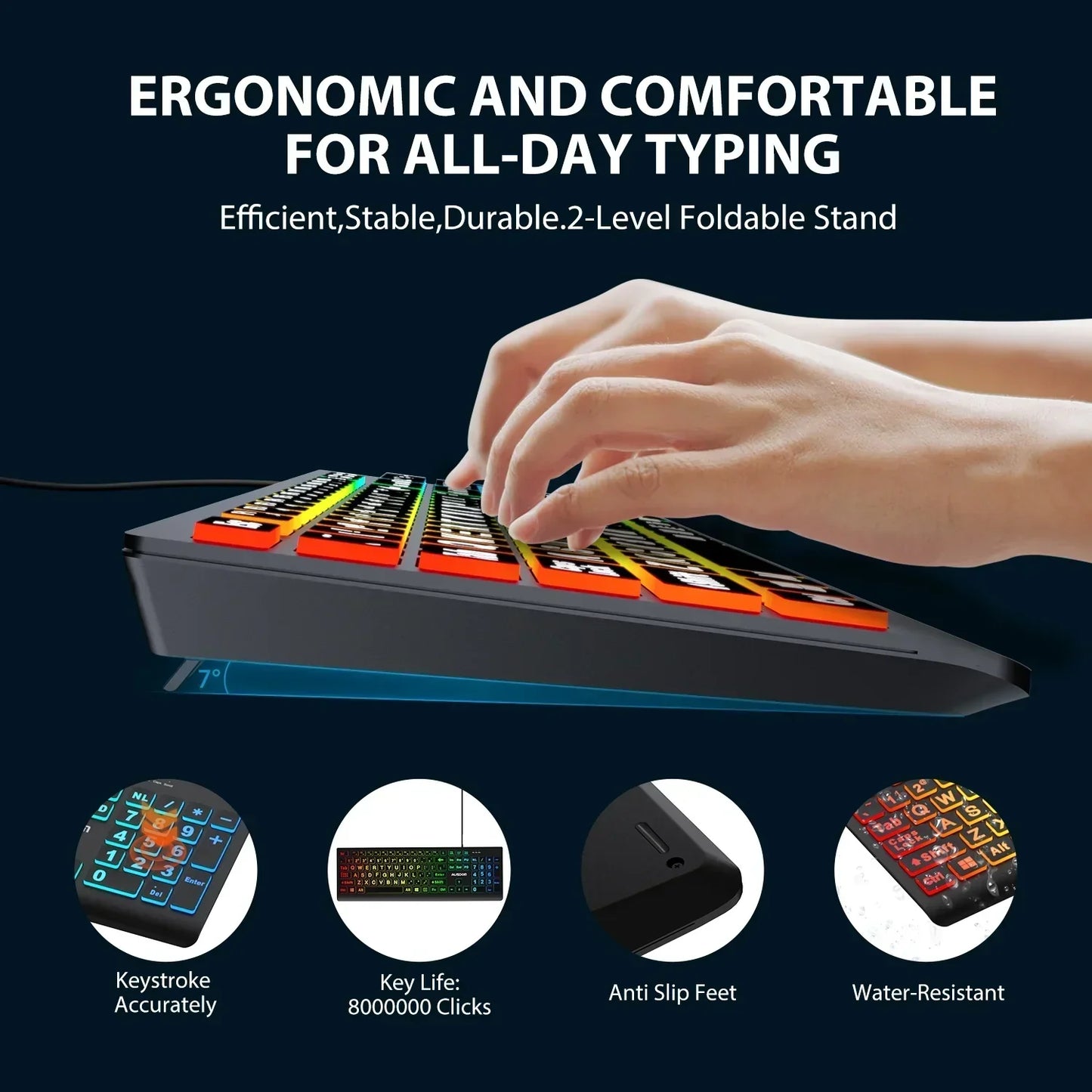 Hands typing on an ergonomic, colorful gaming keyboard with RGB keys and foldable stand.