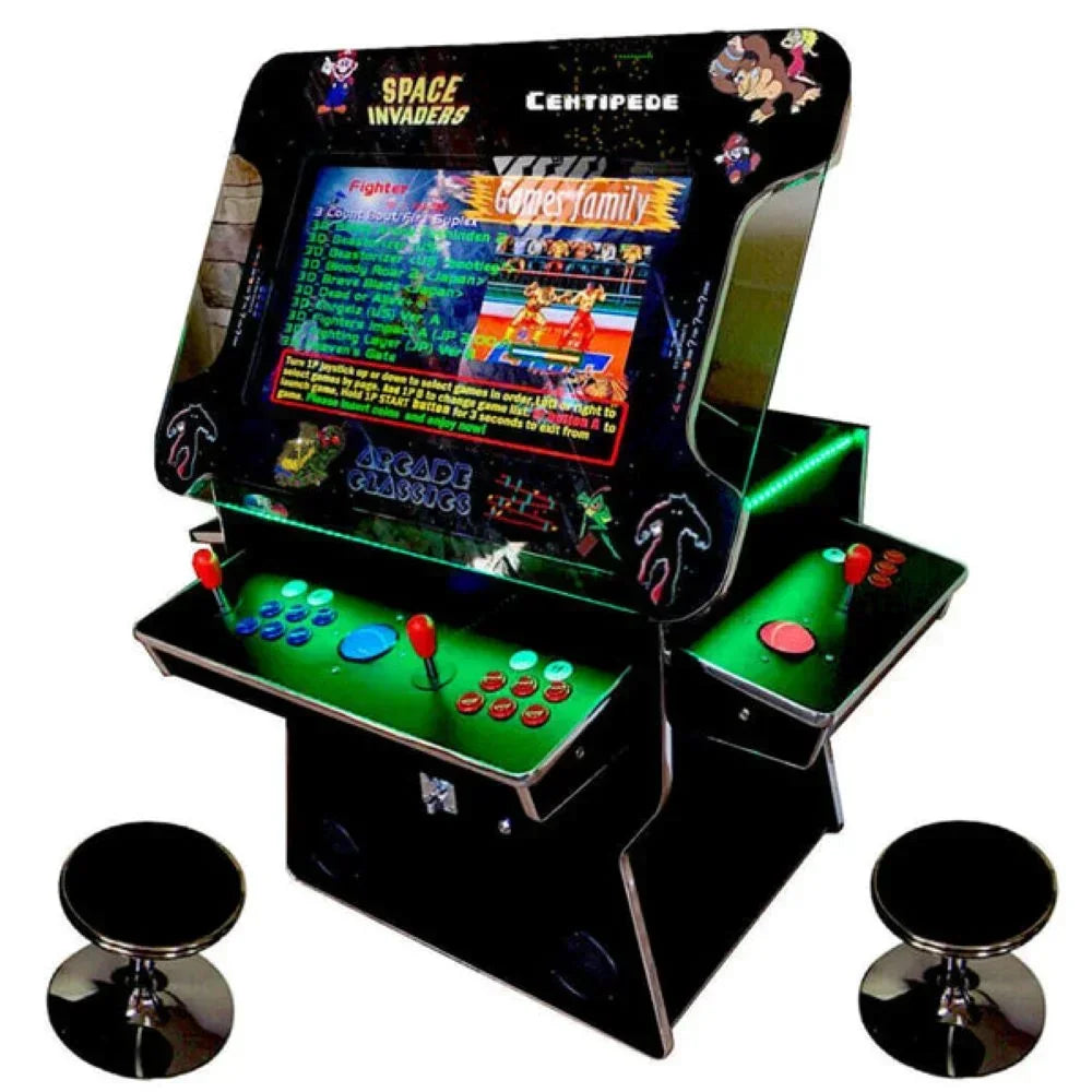 Retro arcade cabinet with joysticks, buttons, neon lighting, Space Invaders, Centipede art, two stools