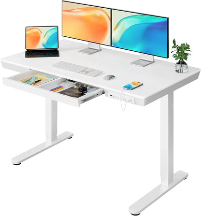 Glass Top Electric Standing Desk with Drawer, 48'' X 24'' Electric Height Adjustable Desk with USB Charging Ports, Sit Stand up for Home Office