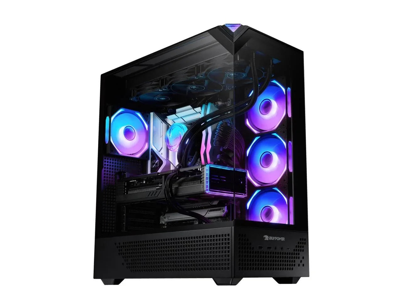 iBUYPOWER gaming PC with transparent case and RGB cooling fans in black chassis