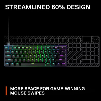 RGB 60% gaming keyboard with compact design, backlit keys, and space-saving for mouse movement