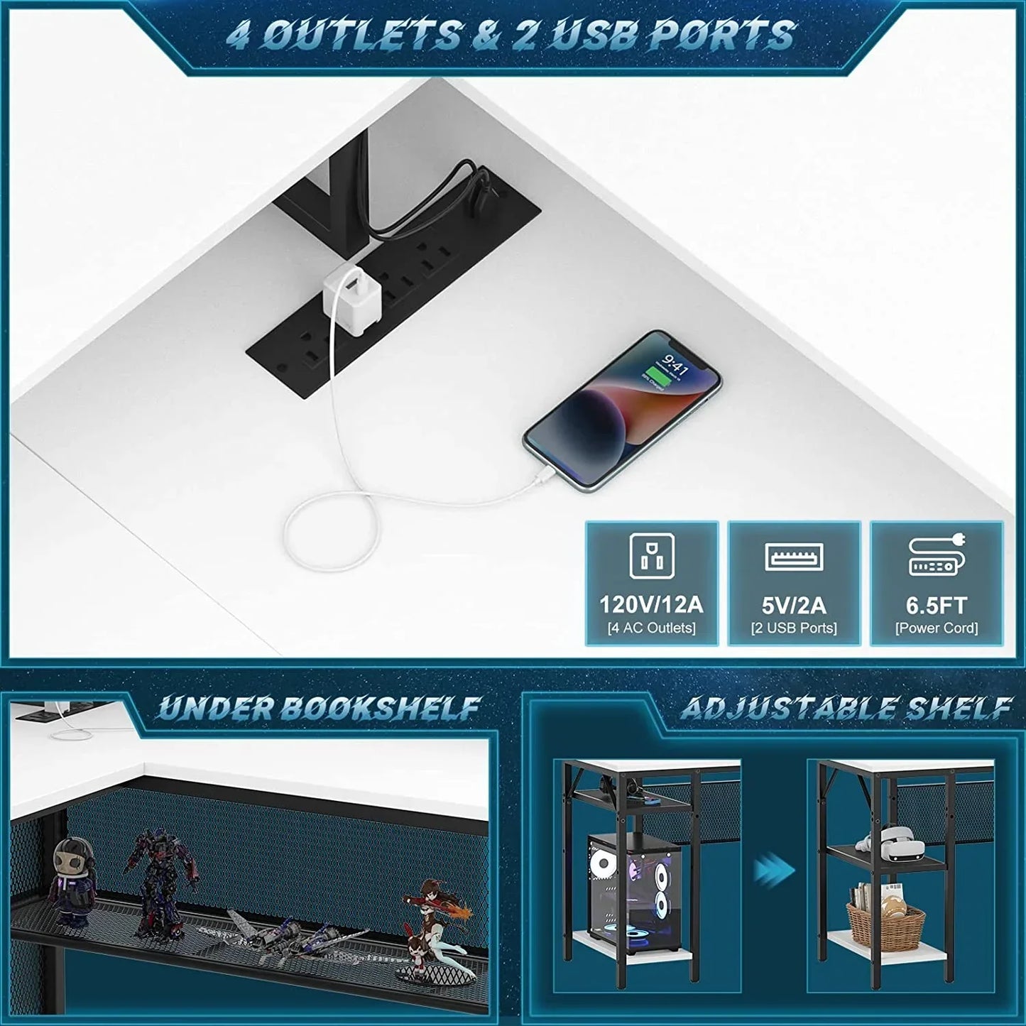 Black power strip with 4 outlets and 2 USB ports under white desk surface charging smartphone