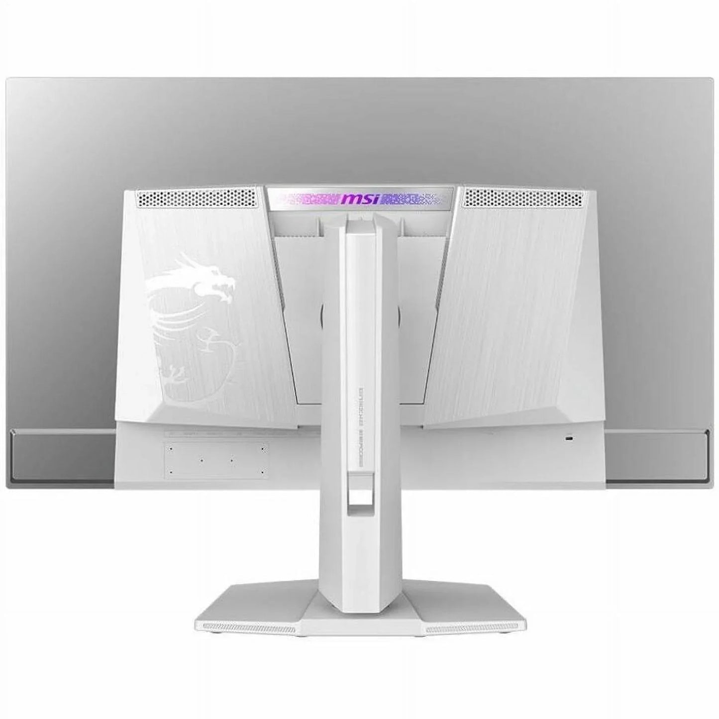 Rear view of white MSI gaming monitor with dragon emblem and RGB lighting on stand and vents