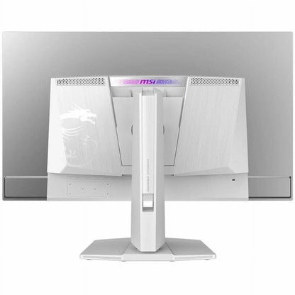 Rear view of white MSI gaming monitor with dragon emblem and RGB lighting on stand and vents